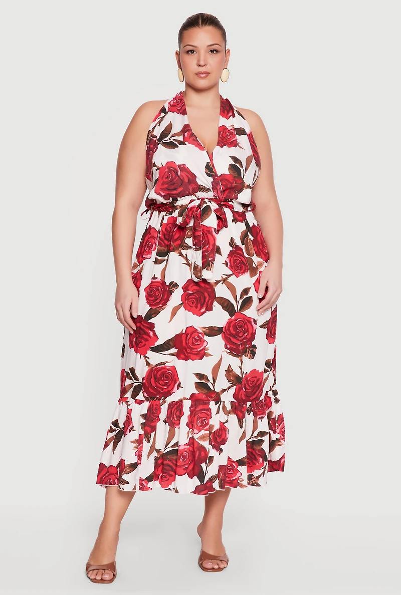 Plus Floral Print Tiered Halter Dress