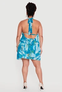 Plus Abstract Floral Print Cowl Neck Halter Dress