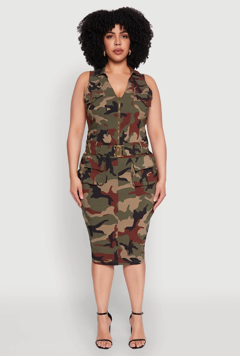 Plus Zip Front Belted Cargo Dress