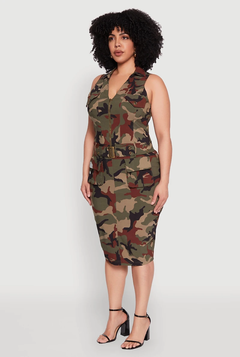 Plus Zip Front Belted Cargo Dress