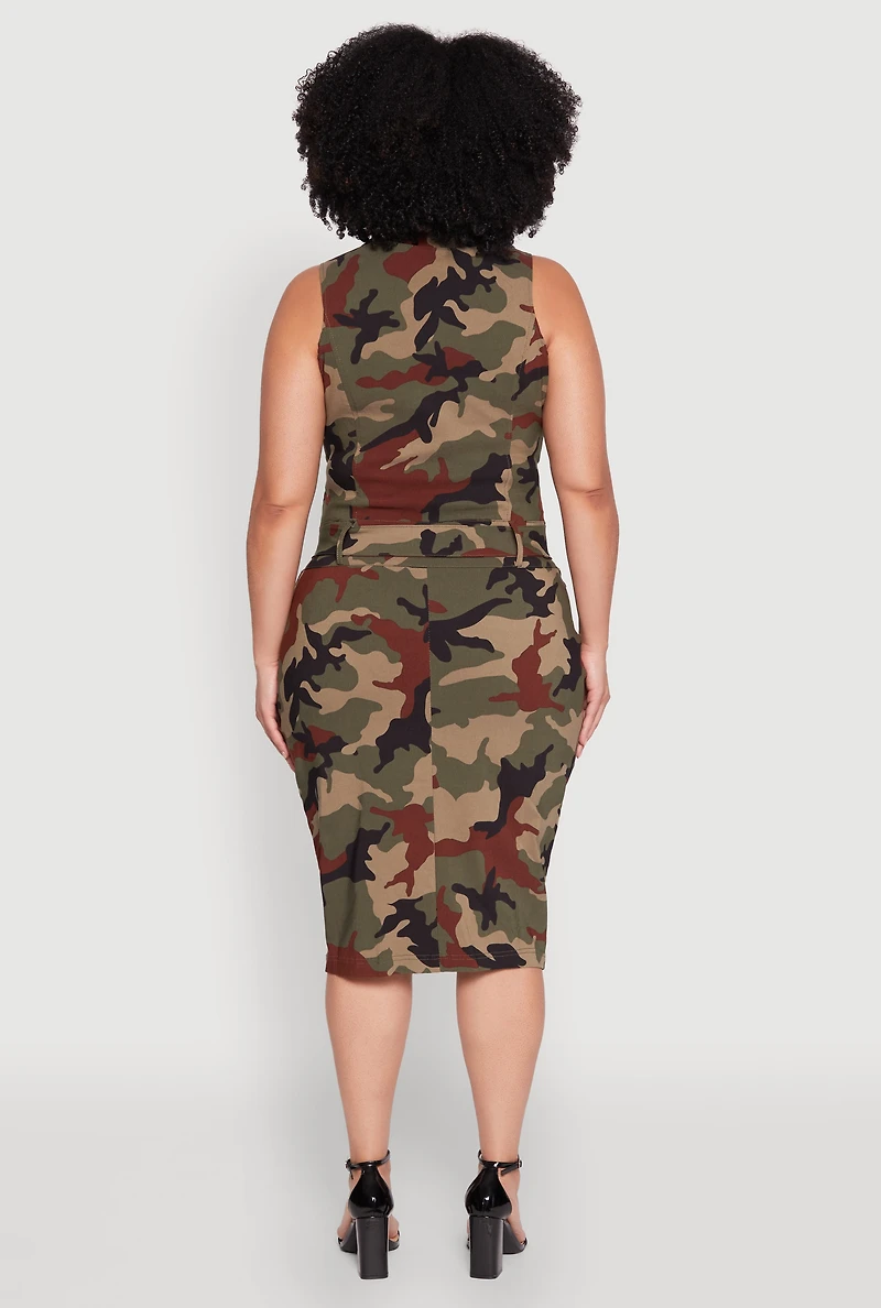 Plus Zip Front Belted Cargo Dress
