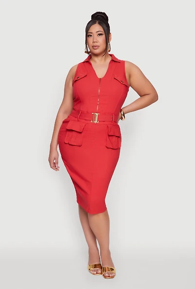 Womens Plus Size Zip Front Belted Cargo Dress, Red, Size 1X