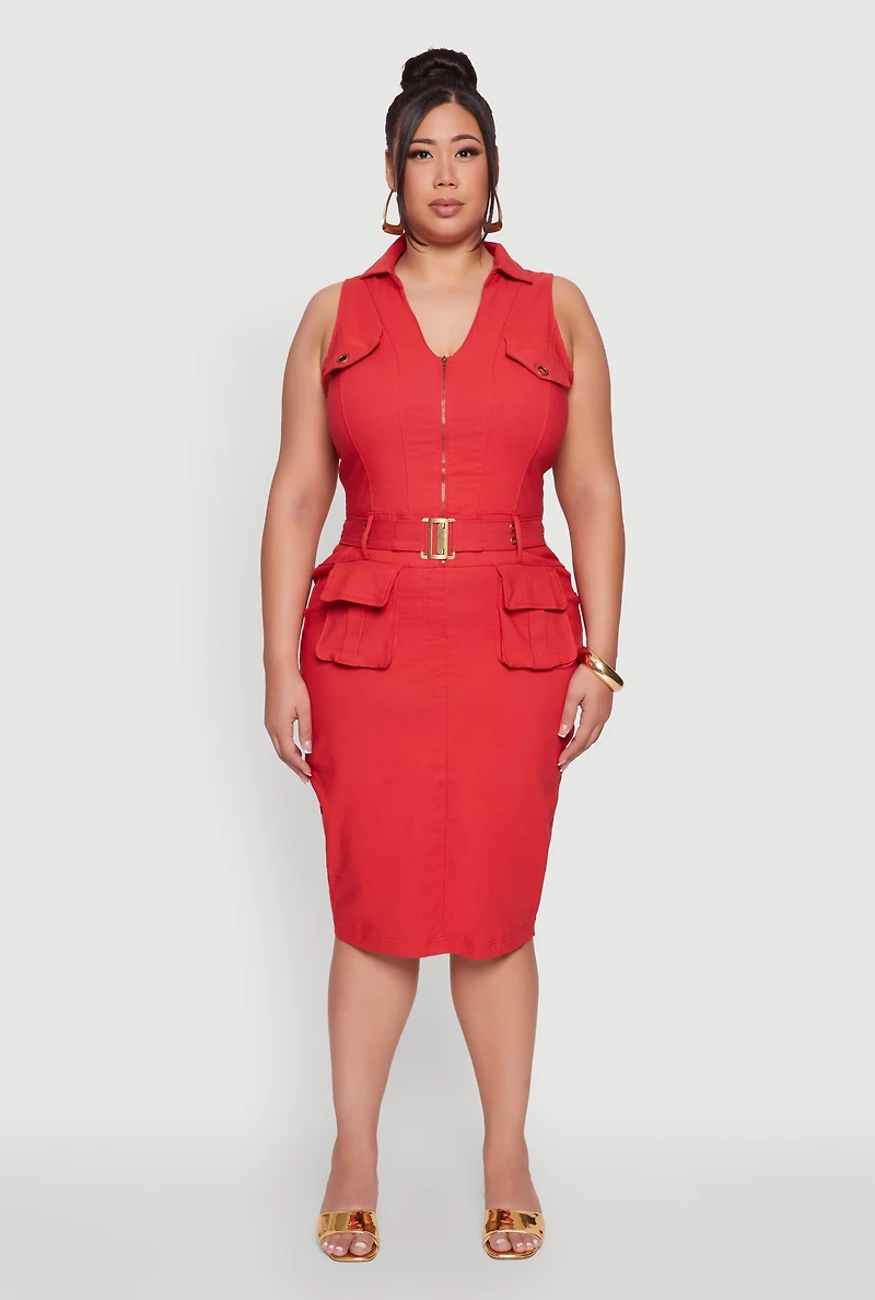 Womens Plus Size Zip Front Belted Cargo Dress, Red, Size 2X