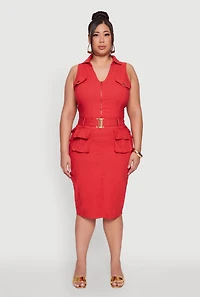 Womens Plus Size Zip Front Belted Cargo Dress, Red, Size 3X