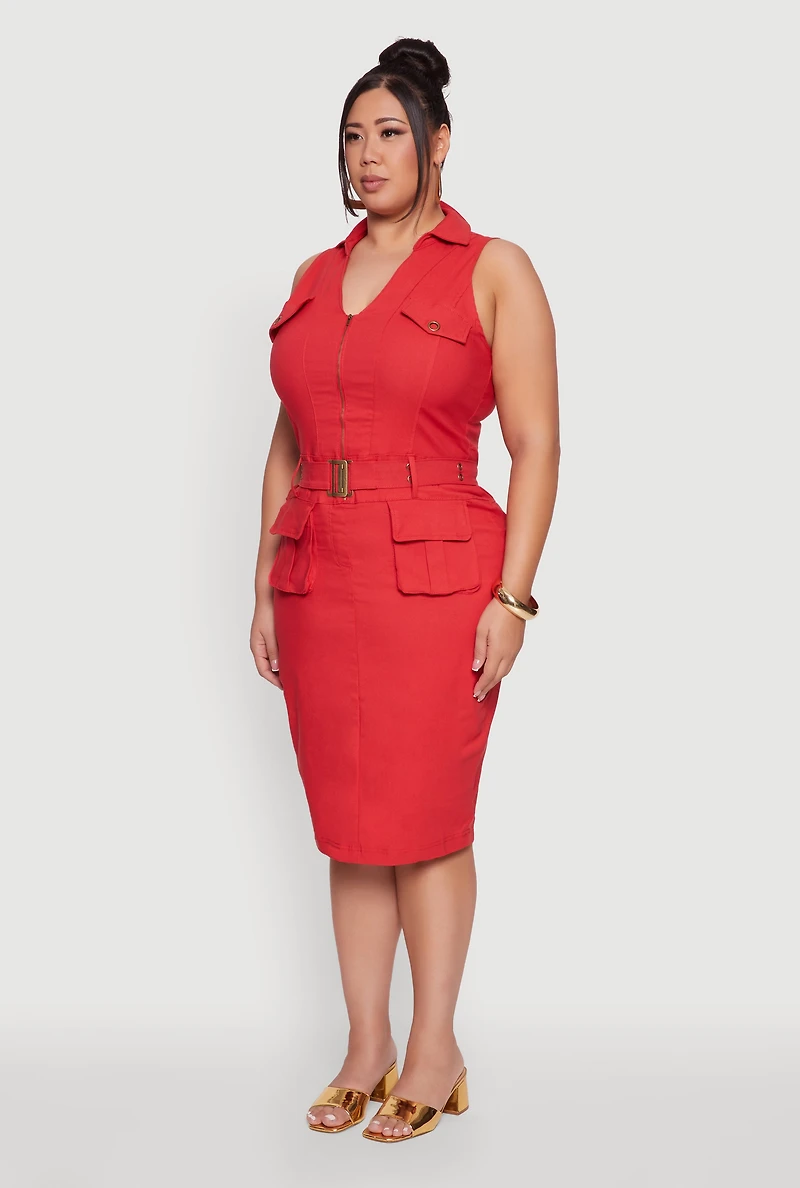 Womens Plus Size Zip Front Belted Cargo Dress, Red, Size 3X