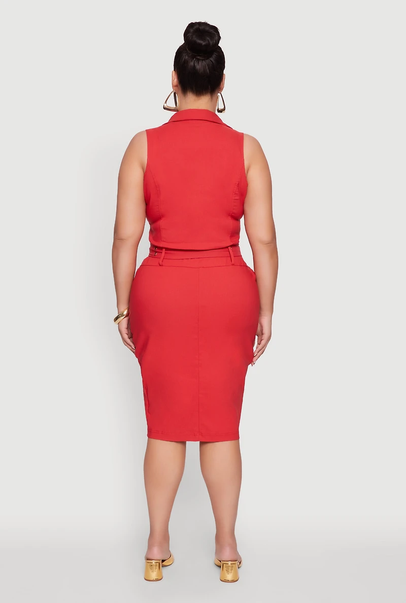 Womens Plus Size Zip Front Belted Cargo Dress, Red, Size 2X