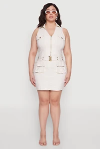 Womens Plus Size Collared Cargo Pocket Dress, White, Size 1X