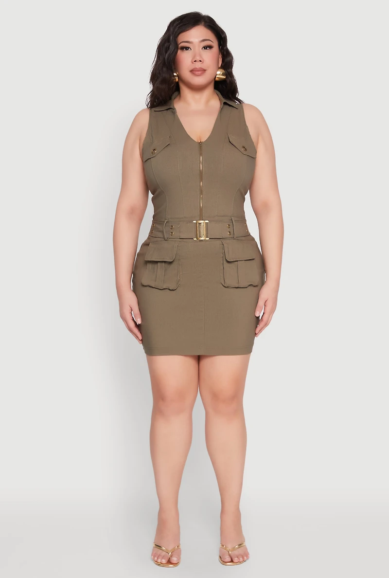 Womens Plus Size Collared Cargo Pocket Dress, Green, Size 1X