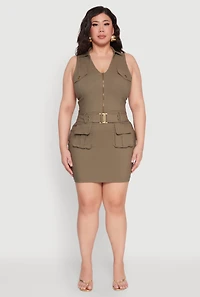 Womens Plus Size Collared Cargo Pocket Dress, Green, Size 1X