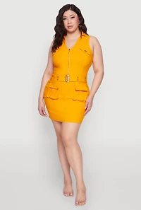 Womens Plus Size Collared Cargo Pocket Dress, Yellow, Size 1X