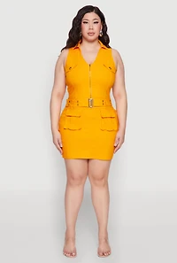 Womens Plus Size Collared Cargo Pocket Dress, Yellow, Size 3X