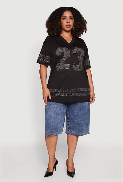 Plus Rhinestone Graphic Football Jersey
