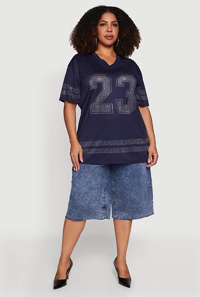 Plus Rhinestone Graphic Football Jersey