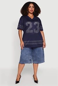 Plus Rhinestone Graphic Football Jersey