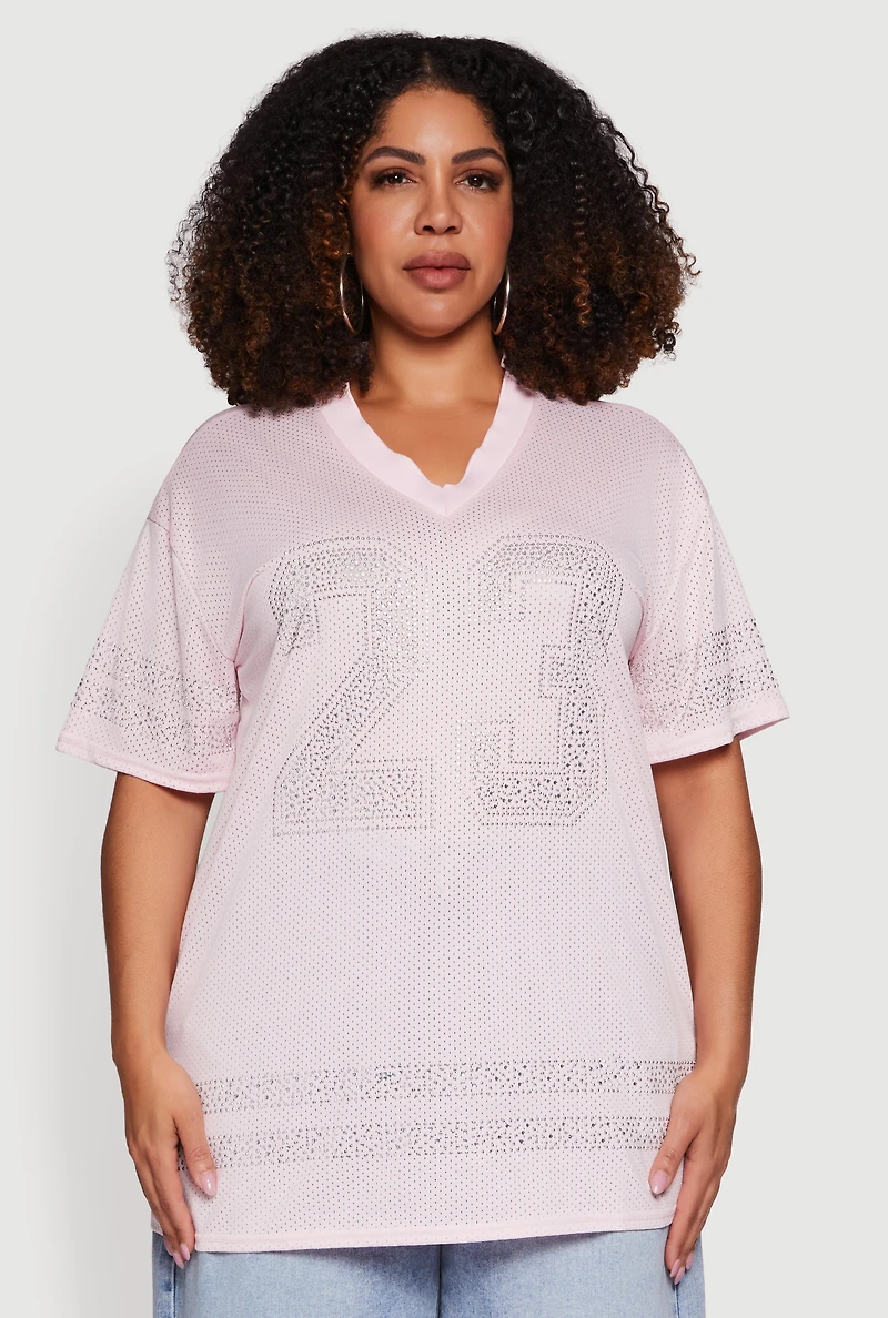 Plus Rhinestone Graphic Football Jersey