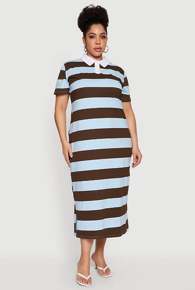 Plus Striped Polo Midi Dress
