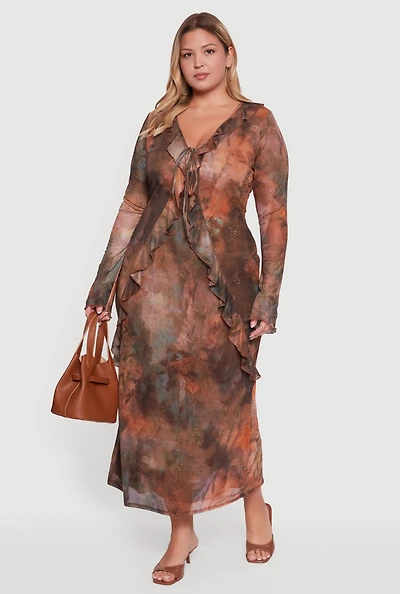 Womens Plus Size Mesh Tie Dye Tie Front Maxi Dress, Multi, Size 3X