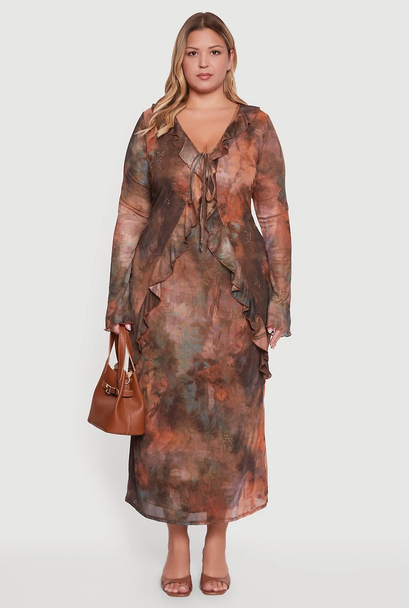 Womens Plus Size Mesh Tie Dye Tie Front Maxi Dress, Multi, Size 1X