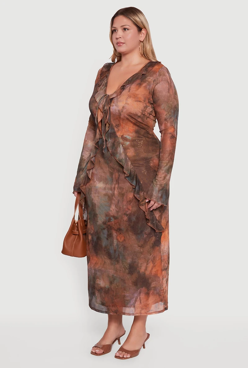Womens Plus Size Mesh Tie Dye Tie Front Maxi Dress, Multi, Size 3X