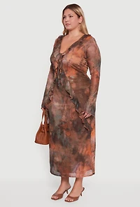 Womens Plus Size Mesh Tie Dye Tie Front Maxi Dress, Multi, Size 3X