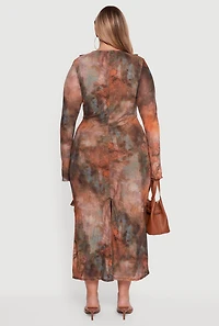 Womens Plus Size Mesh Tie Dye Tie Front Maxi Dress, Multi, Size 3X