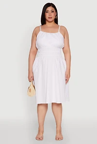 Womens Plus Size Smocked Waist Poplin Midi Dress, White, Size 2X