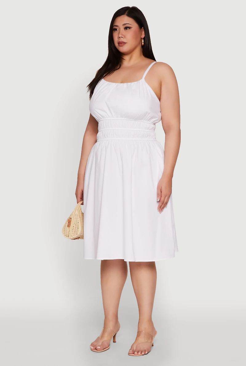 Plus Smocked Waist Poplin Midi Dress
