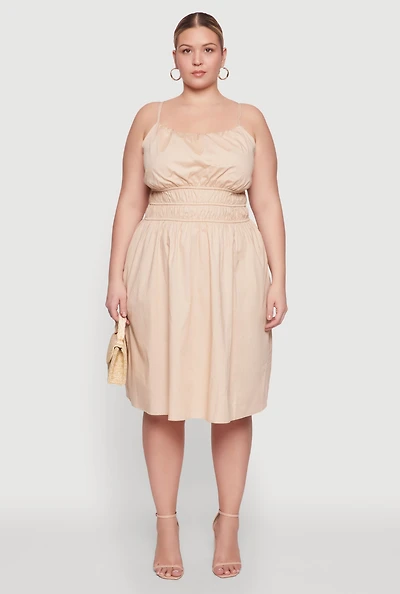 Womens Plus Size Smocked Waist Poplin Midi Dress, Beige, Size 3X