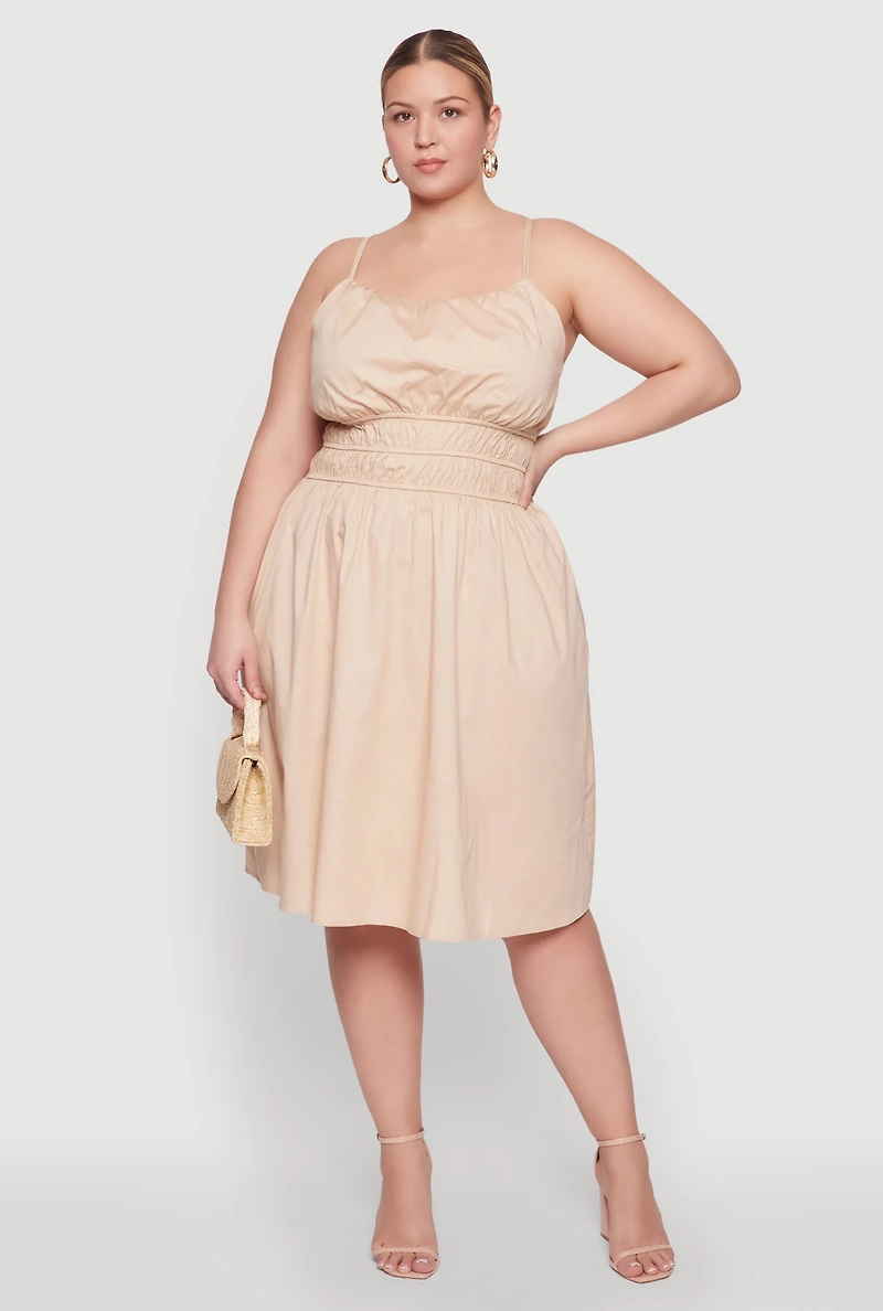 Womens Plus Size Smocked Waist Poplin Midi Dress, Beige, Size 3X