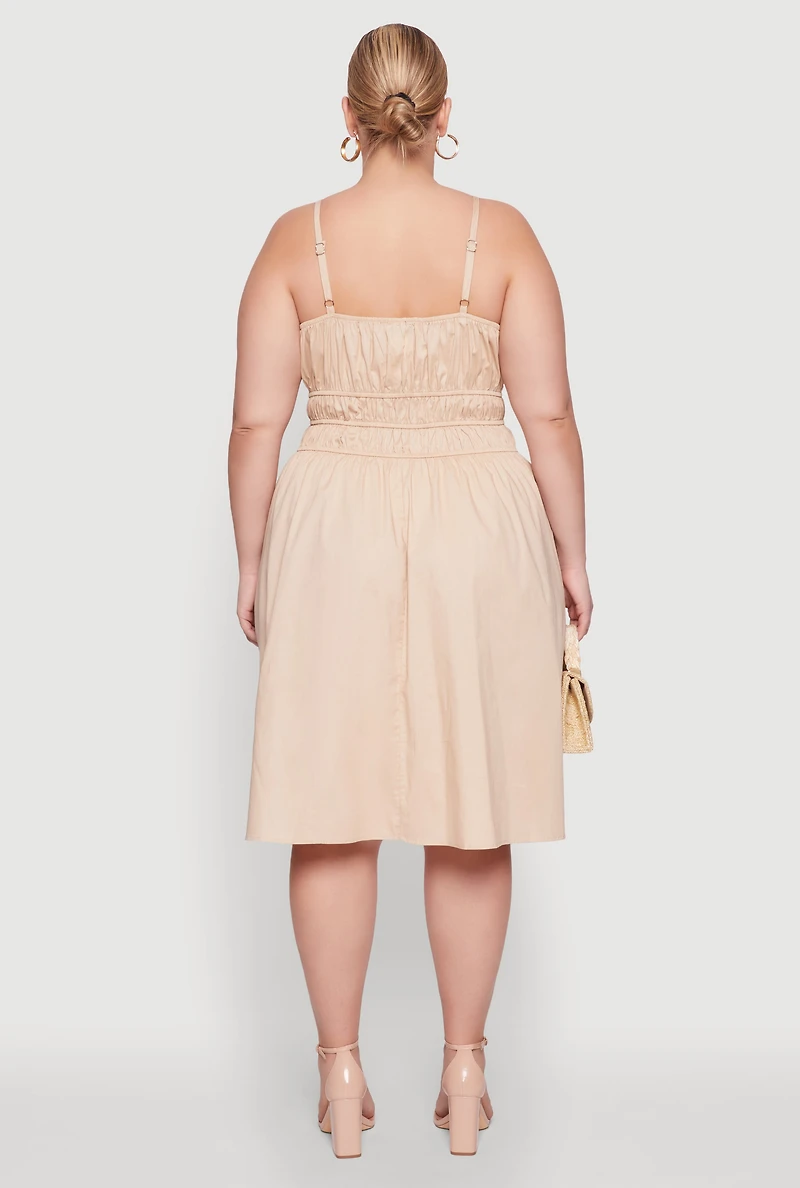 Plus Smocked Waist Poplin Midi Dress