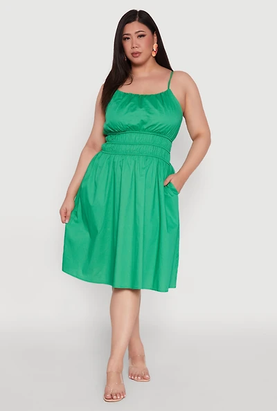 Womens Plus Smocked Waist Poplin Midi Dress, Green,