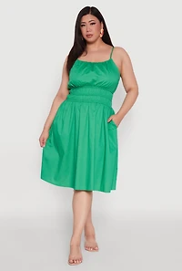 Womens Plus Smocked Waist Poplin Midi Dress, Green,