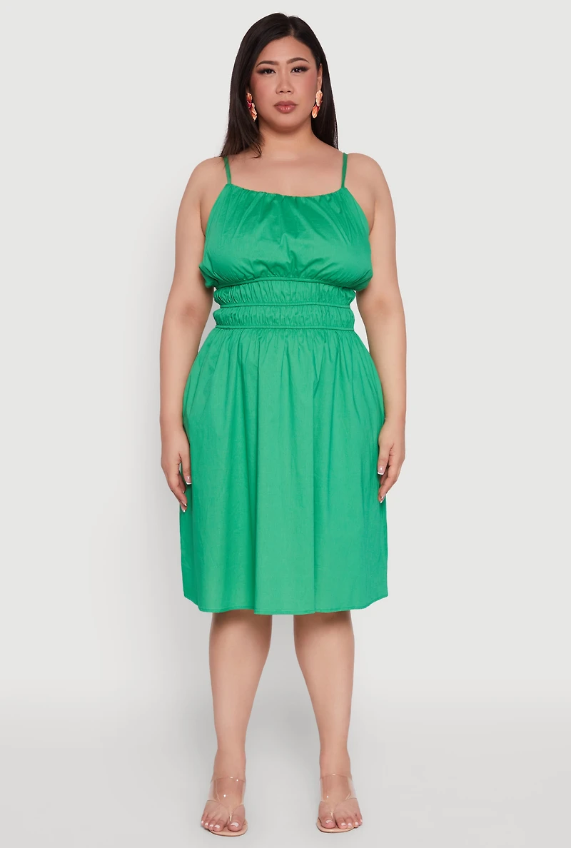 Womens Plus Smocked Waist Poplin Midi Dress, Green,