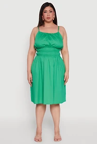 Womens Plus Smocked Waist Poplin Midi Dress, Green,