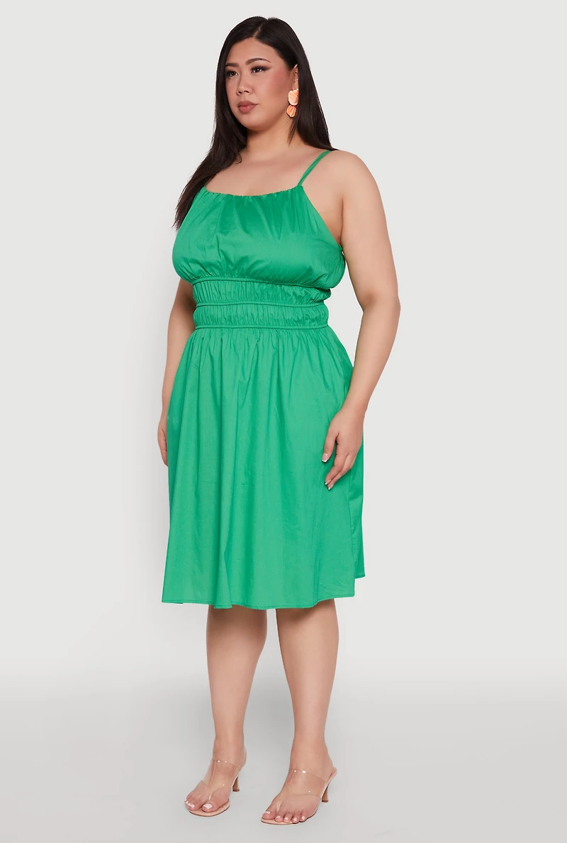 Womens Plus Smocked Waist Poplin Midi Dress, Green,