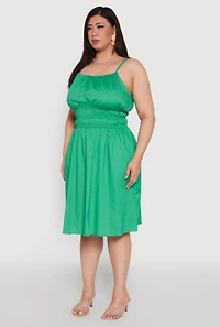 Womens Plus Smocked Waist Poplin Midi Dress, Green,