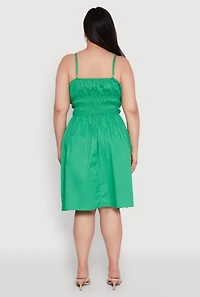 Womens Plus Size Smocked Waist Poplin Midi Dress, Green, Size 1X