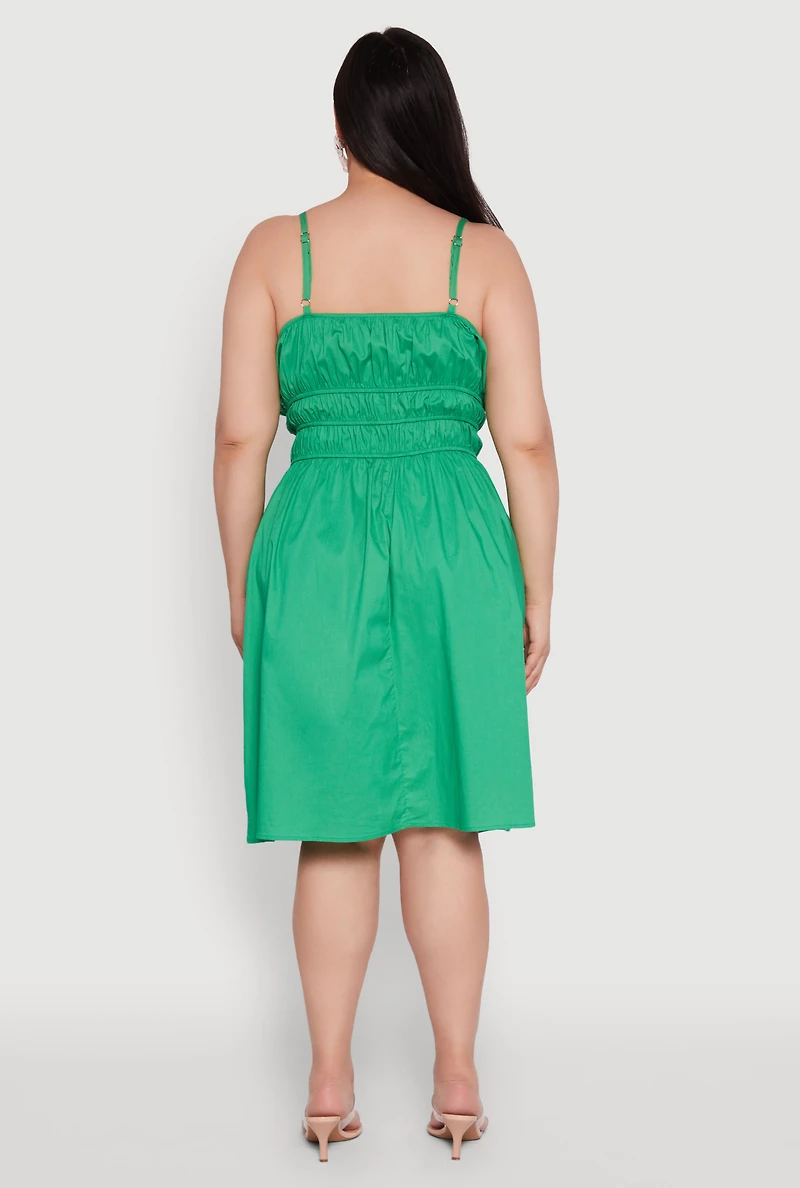 Womens Plus Smocked Waist Poplin Midi Dress, Green,
