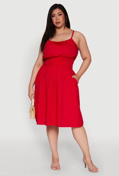 Womens Plus Smocked Waist Poplin Midi Dress,