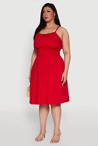 Womens Plus Smocked Waist Poplin Midi Dress,