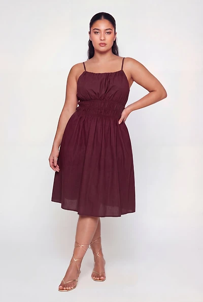 Plus Poplin Smocked Waist Midi Dress