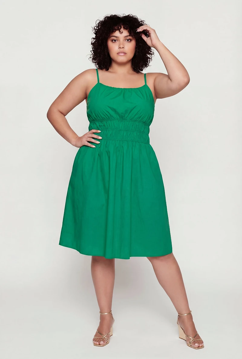 Plus Poplin Smocked Waist Midi Dress