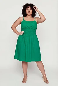 Plus Poplin Smocked Waist Midi Dress