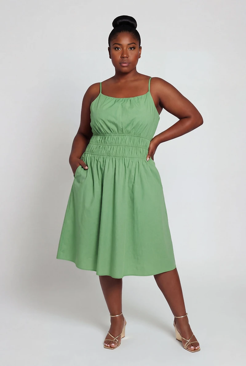 Plus Poplin Smocked Waist Midi Dress