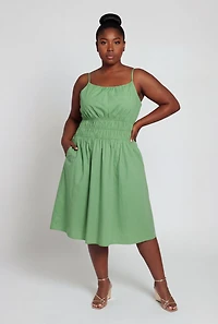 Plus Poplin Smocked Waist Midi Dress