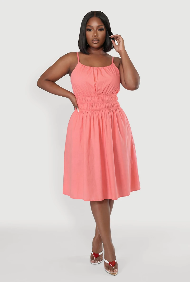 Plus Poplin Smocked Waist Midi Dress