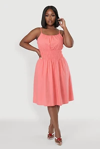 Plus Poplin Smocked Waist Midi Dress