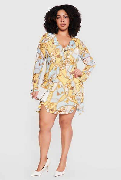 Plus Chain Print Ruffle Trim Tie Front Dress
