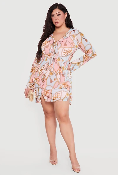 Plus Chain Print Ruffle Trim Tie Front Dress