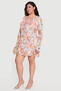 Plus Chain Print Ruffle Trim Tie Front Dress